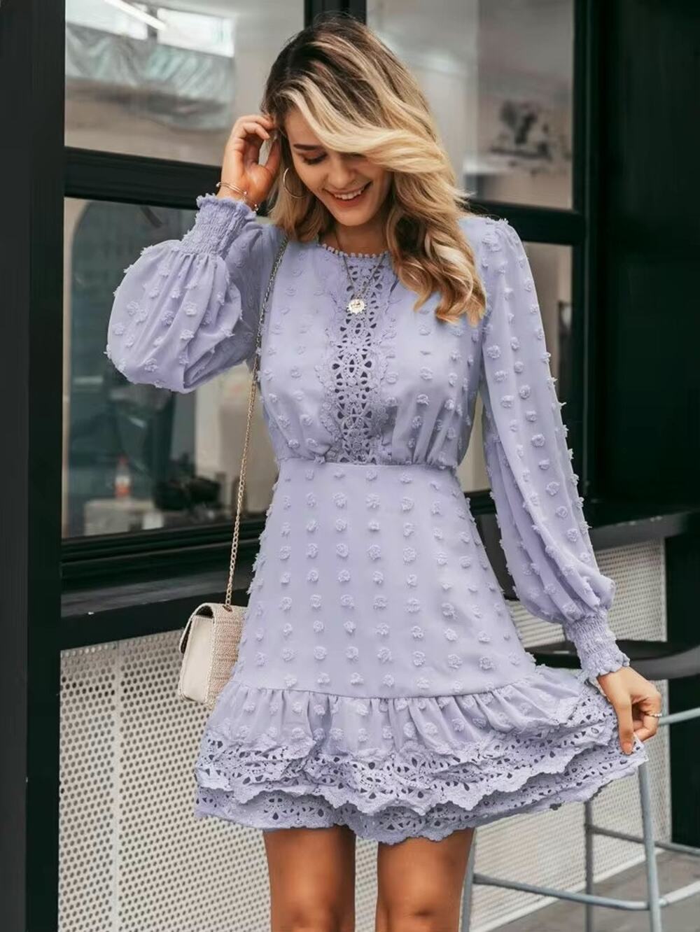 NWT Simplee Purple Swiss Dot Dress Small Ruffle Trim Long Sleeve Mini